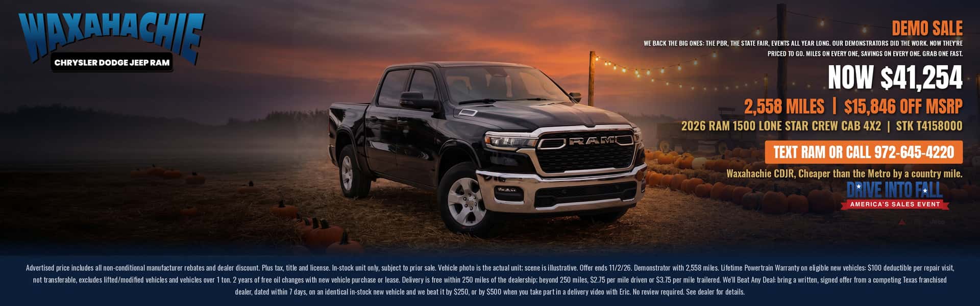 Black 2026 Ram 1500 Lone Star Crew Cab 4x2 demo truck in a pumpkin patch at sunset, Waxahachie Chrysler Dodge Jeep Ram. Now $41,254. Text RAM or call 972-645-4220