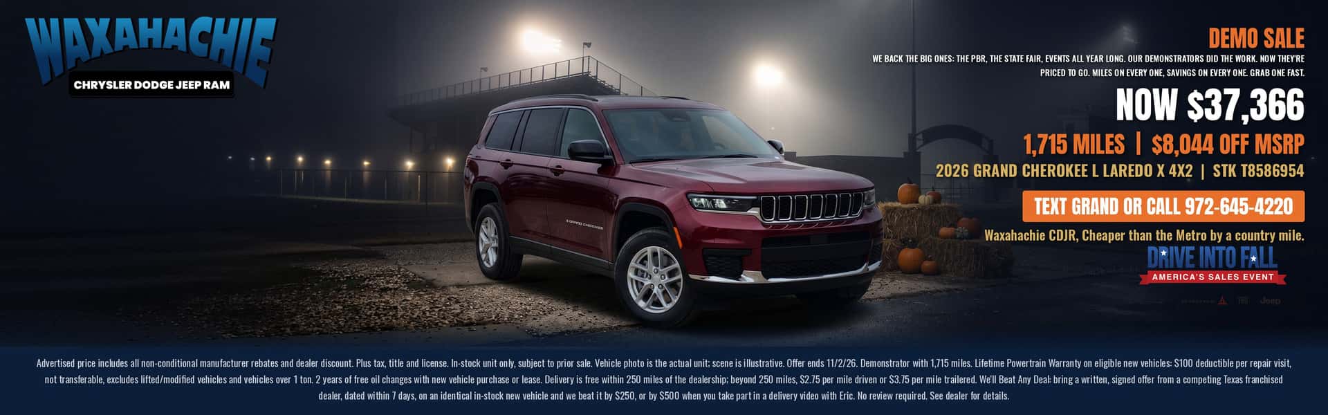 Red 2026 Jeep Grand Cherokee L Laredo X demo SUV under foggy stadium lights with pumpkins and hay bales, Waxahachie Chrysler Dodge Jeep Ram. Now $37,366. Text GRAND or call 972-645-4220